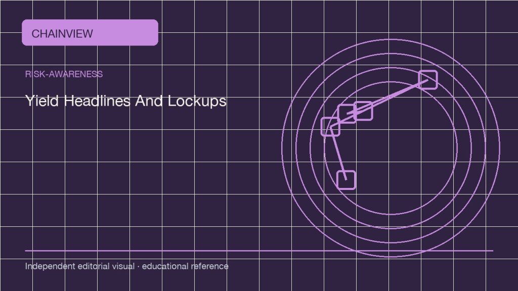 Оценка рисков · Русский:Yield Headlines: APY, Lockups, and Counterparty Exposure; independent editorial visual