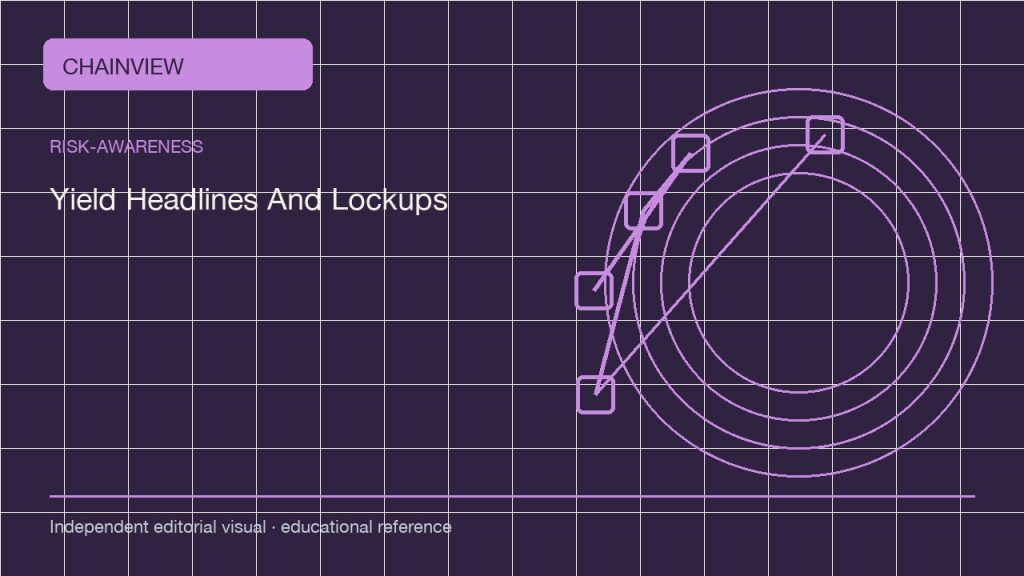 Nhận diện rủi ro · Tiếng Việt:Yield Headlines: APY, Lockups, and Counterparty Exposure; independent editorial visual