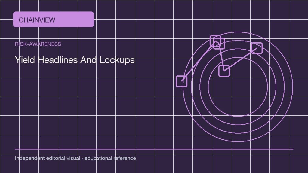 风险认知 · 简体中文：Yield Headlines: APY, Lockups, and Counterparty Exposure; independent editorial visual
