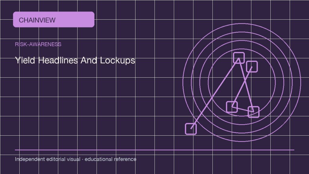 風險認知 · 繁體中文：Yield Headlines: APY, Lockups, and Counterparty Exposure; independent editorial visual