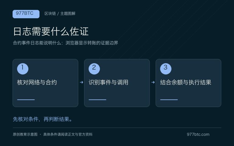 合约事件日志能说明什么：浏览器显示转账的证据边界；主题示意配图