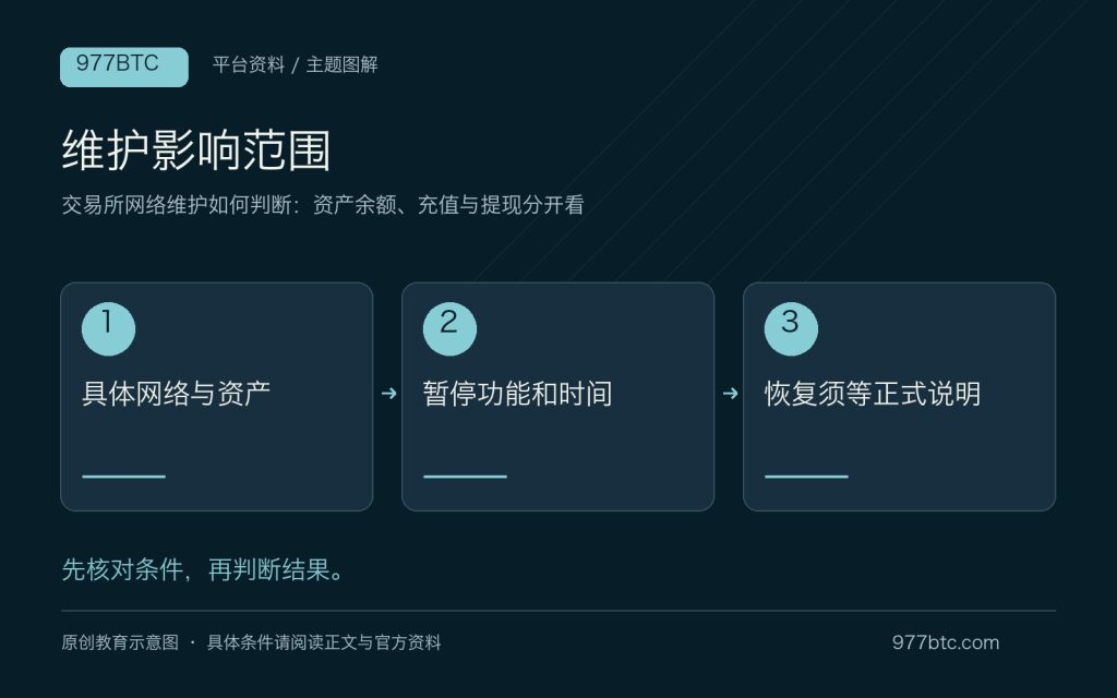 交易所网络维护如何判断：资产余额、充值与提现分开看；主题示意配图