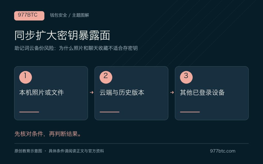 助记词云备份风险：为什么照片和聊天收藏不适合存密钥；主题示意配图