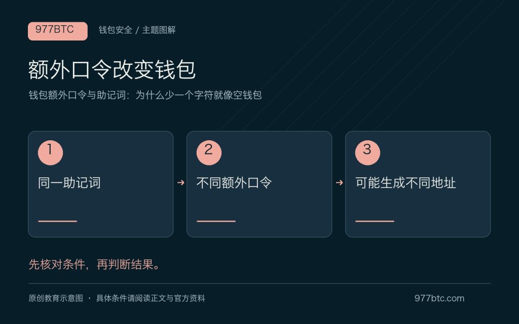 钱包额外口令与助记词：为什么少一个字符就像空钱包；主题示意配图